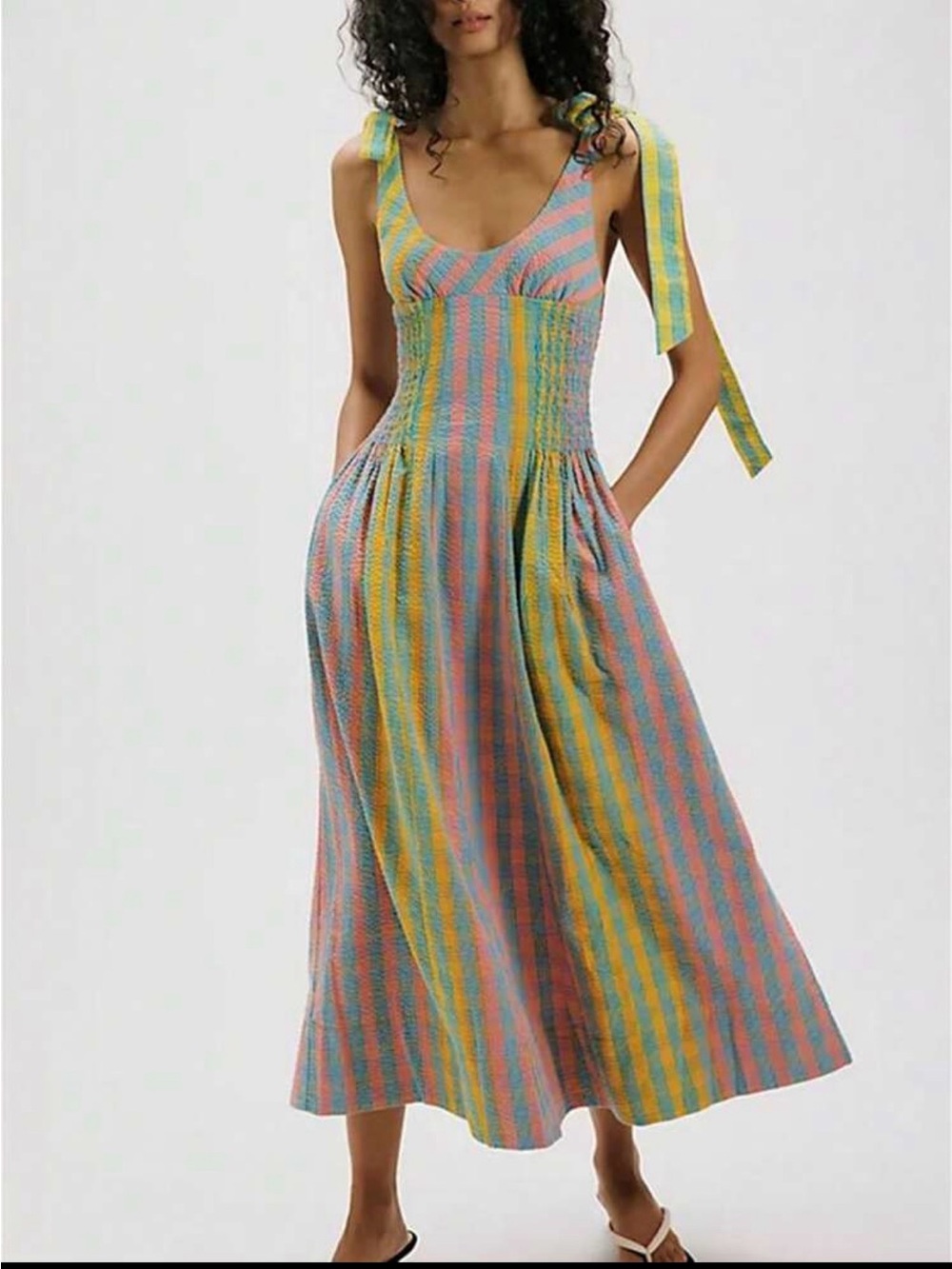 Midi Dress Multicolor Checker Plaid Stripe Pattern Seersucker Bow Boho Sun Pink